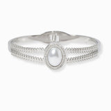 102546, OVAL PEARL ACCENT STAINLESS STEEL HINGED BANGLE BRACELET