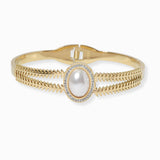 102546, OVAL PEARL ACCENT STAINLESS STEEL HINGED BANGLE BRACELET