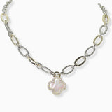 102624, 14K GOLD PLATED, MOTHER OF PEARL CLOVER CUBIC ZIRCONIA DESIGNER INSPIRED NECKLACE