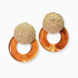 102663, ROUND CELLULOID ACETATE WITH RAFFIA ACCENT EARRING