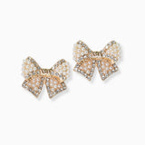 102666, RIBBON BOW STUDDED PEARL WITH CRYSTAL RHINESTONE STUD EARRING