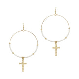 102707, CROSS CHARM SEED BEADED ROUND DANGLE EARRING