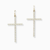 102708, PEARL STUDDED CROSS DANGLE EARRING