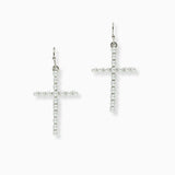 102709, PEARL STUDDED CROSS DANGLE EARRING