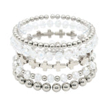 102730, SIDE CROSS ACCENT MULTI LAYERED BEADED STRETCH BRACELET
