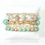 102771, WOOD & SEMI PRECIOUS STONE MULTI LAYERED BEADED STRETCH BRACELET