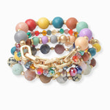 102771, WOOD & SEMI PRECIOUS STONE MULTI LAYERED BEADED STRETCH BRACELET