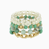 102771, WOOD & SEMI PRECIOUS STONE MULTI LAYERED BEADED STRETCH BRACELET