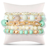 102771, WOOD & SEMI PRECIOUS STONE MULTI LAYERED BEADED STRETCH BRACELET