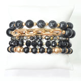 102771, WOOD & SEMI PRECIOUS STONE MULTI LAYERED BEADED STRETCH BRACELET