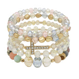 102773, PAVE CROSS ACCENT MULTI LAYERED BEADED STRETCH BRACELET