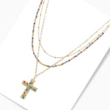 102783, CROSS CHARM BEADED MULTI LAYERED NECKLACE