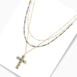 102783, CROSS CHARM BEADED MULTI LAYERED NECKLACE