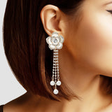 102800, FLOWER ACCENT CRYSTAL RHINESTONE WITH PEARL DROP DANGLE EARRING