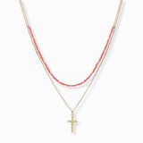 102834, DAINTY CROSS CHARM BEADED DOUBLE LAYERED NECKLACE