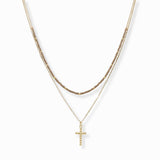 102834, DAINTY CROSS CHARM BEADED DOUBLE LAYERED NECKLACE