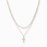 102834, DAINTY CROSS CHARM BEADED DOUBLE LAYERED NECKLACE
