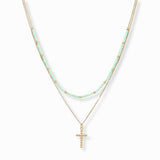 102834, DAINTY CROSS CHARM BEADED DOUBLE LAYERED NECKLACE