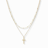 102834, DAINTY CROSS CHARM BEADED DOUBLE LAYERED NECKLACE