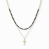 102834, DAINTY CROSS CHARM BEADED DOUBLE LAYERED NECKLACE