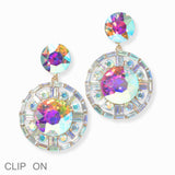 102845, ROUND RHINESTONE DANGLE CLIP ON EARRING