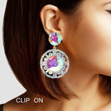 102845, ROUND RHINESTONE DANGLE CLIP ON EARRING