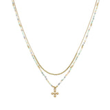 102860, DAINTY CROSS CHARM ACCENT DOUBLE LAYERED BEADED NECKLACE