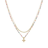 102860, DAINTY CROSS CHARM ACCENT DOUBLE LAYERED BEADED NECKLACE