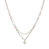 102860, DAINTY CROSS CHARM ACCENT DOUBLE LAYERED BEADED NECKLACE