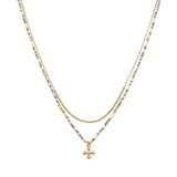 102860, DAINTY CROSS CHARM ACCENT DOUBLE LAYERED BEADED NECKLACE