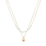102861, TEARDROP CHARM WITH DAINTY PEARL DOUBLE LAYERED NECKLACE