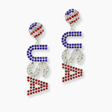 102914, "USA" AMERICAN FLAG CRYSTAL RHINESTONE DANGLE EARRING