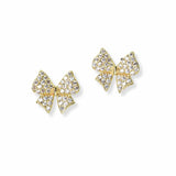 102939, WHITE GOLD DIPPED, RIBBON BOW CUBIC ZIRCONIA STUD EARRING