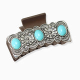 102972, WESTERN THEMED OVAL TURQUOISE STONE ACCENT RECTANGULAR GRANDER HAIR CLAW