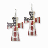 103069, "IN GOD WE TRUST" AMERICAN FLAG CROSS FAUX LEATHER DANGLE EARRING