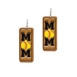 103200, "MOM" SOFTBALL LEATHER DANGLE EARRING