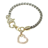 103327, 14K GOLD PLATED, HEART PAVE CUBIC ZIRCONIA CHARM DESIGNER INSPIRED BRACELET
