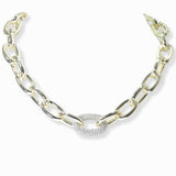 103337, 14K GOLD PLATED, OVAL PAVE CUBIC ZIRCONIA DESIGNER INSPIRED CHAIN MAGNETIC NECKLACE