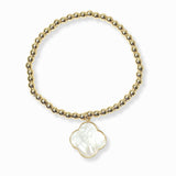 103377, CLOVER CHARM STAINLESS STEEL BALL BEADED STRETCH BRACELET