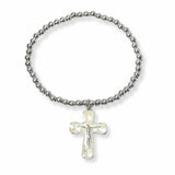 103378, CRUCIFIX CROSS CHARM STAINLESS STEEL BALL BEADED STRETCH BRACELET