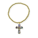 103378, CRUCIFIX CROSS CHARM STAINLESS STEEL BALL BEADED STRETCH BRACELET