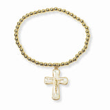 103378, CRUCIFIX CROSS CHARM STAINLESS STEEL BALL BEADED STRETCH BRACELET