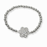 103382, PAVE ROSE FLOWER STAINLESS STEEL BALL BEADED STRETCH BRACELET