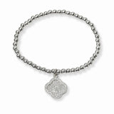103385, PAVE CLOVER CHARM STAINLESS STEEL BALL BEADED STRETCH BRACELET