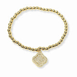 103385, PAVE CLOVER CHARM STAINLESS STEEL BALL BEADED STRETCH BRACELET