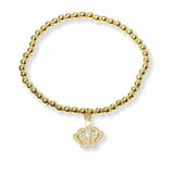 103386, PAVE CROWN CHARM STAINLESS STEEL BALL BEADED STRETCH BRACELET