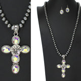 103571, WESTERN CROSS WITH NAVAJO BEADED LONG PENDANT NECKLACE