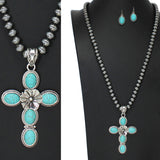 103571, WESTERN CROSS WITH NAVAJO BEADED LONG PENDANT NECKLACE