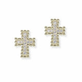 103614, 14K GOLD PLATED, CROSS PAVE CUBIC ZIRCONIA STUD EARRING