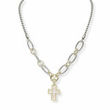 103631, 14K GOLD PLATED, CROSS CUBIC ZIRCONIA CHARM DESIGNER INSPIRED NECKLACE